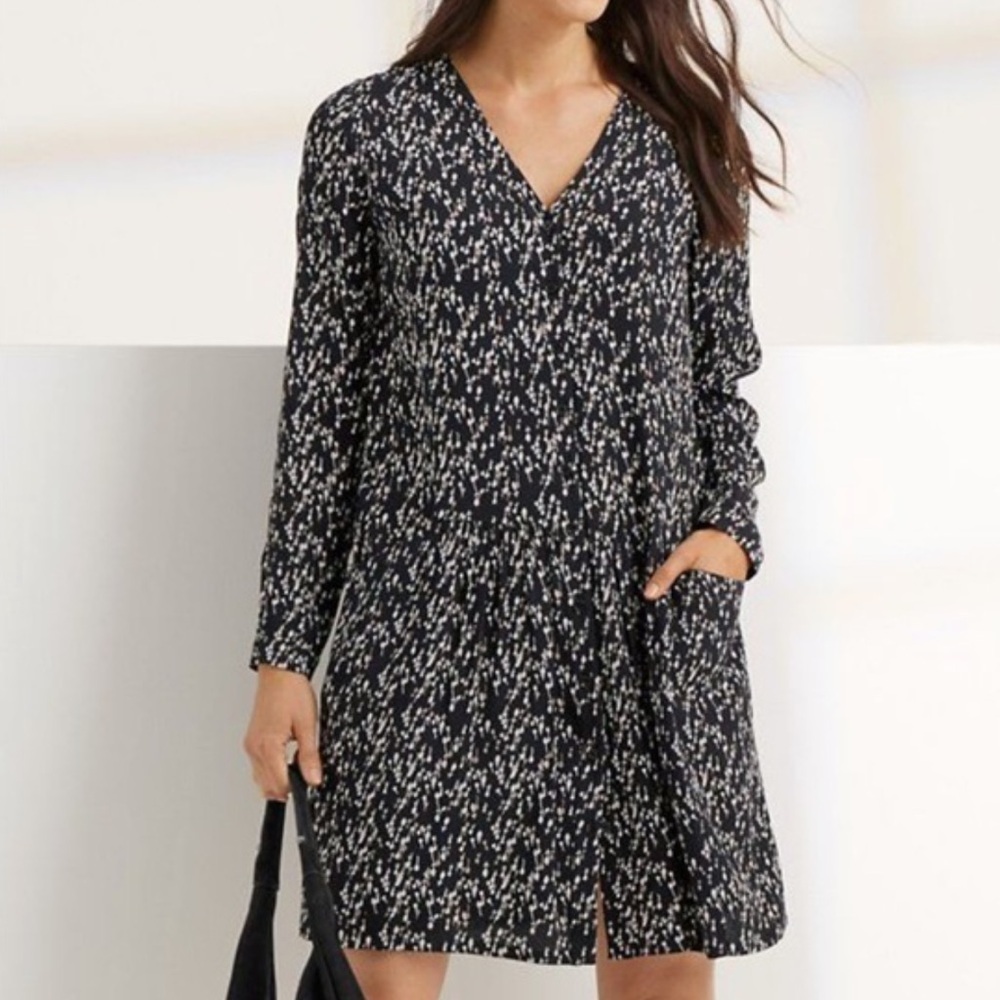 Garnet Hill Dropwaist Button-Up Black Floral Button Front Dress Shirt Size 14